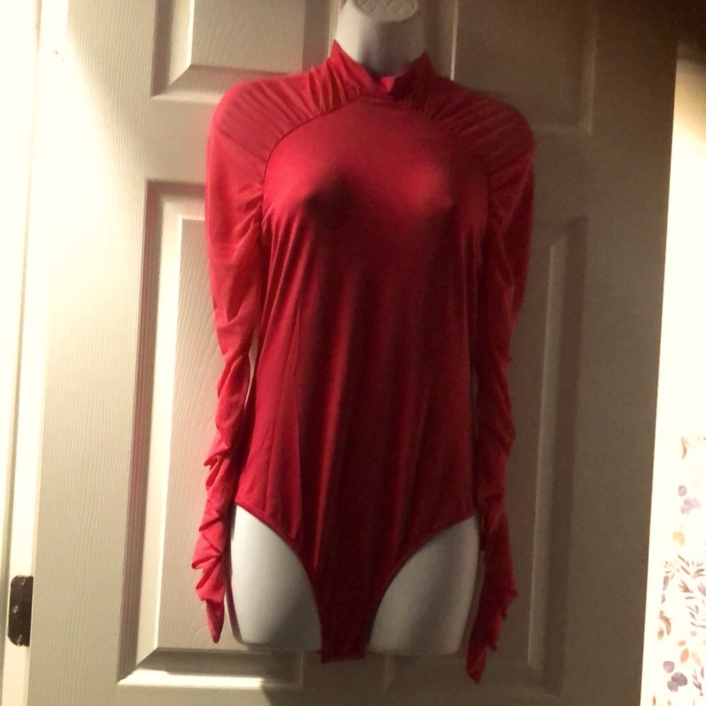 Remidoo Hot Pink Ruched Fitted Bodysuit with Mandarin Collar